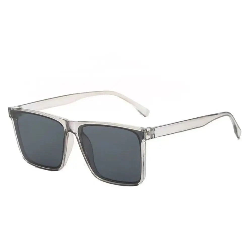Clear square frame sunglasses with dark gray lenses and thin metal arms