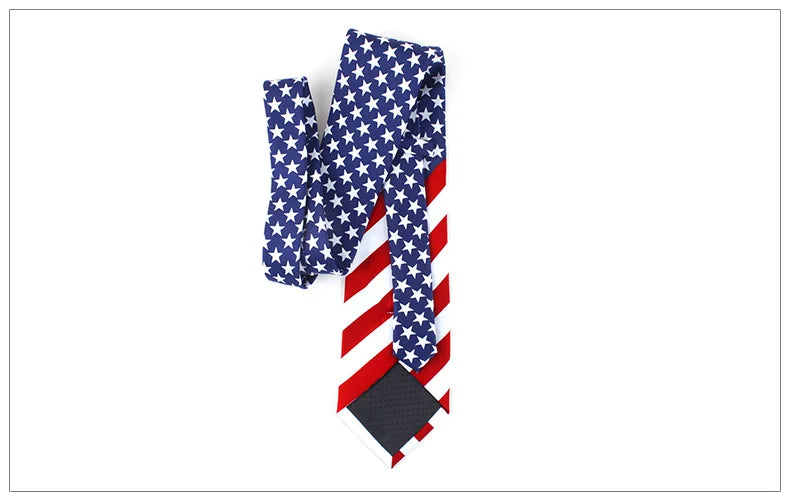 A navy blue and red striped silk necktie featuring a patriotic American flag pattern.