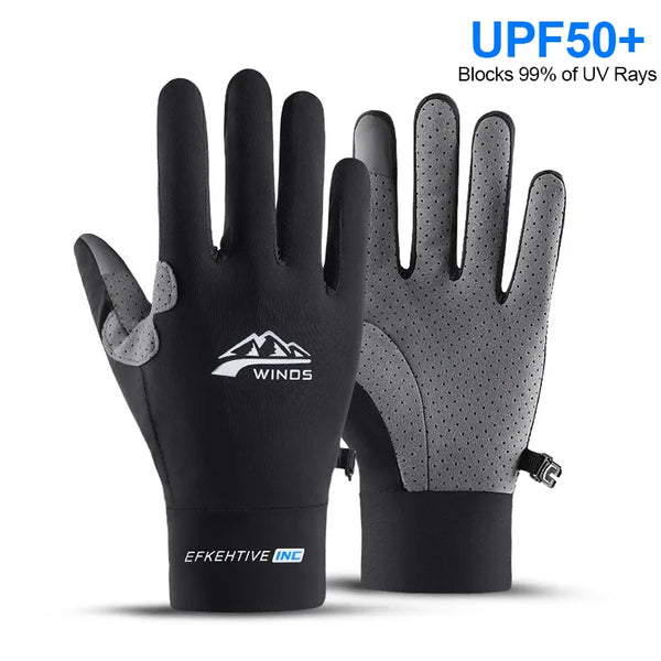 Black UV protection ice silk riding gloves with a gray palm and fingers