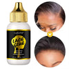 Eine Flasche Luxfume Lace Glue Gel mit goldener Kappe und schwarzer Etikett, gezeigt neben einer Nahaufnahme der Haaranwendun
