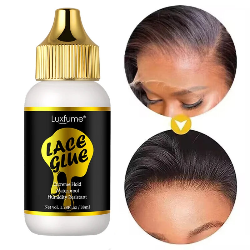 Eine Flasche Luxfume Lace Glue Gel mit goldener Kappe und schwarzer Etikett, gezeigt neben einer Nahaufnahme der Haaranwendun