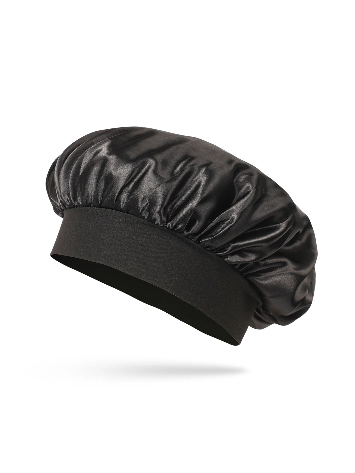 Bonnet de cheveux en soie satinée noire, vue de profil.
