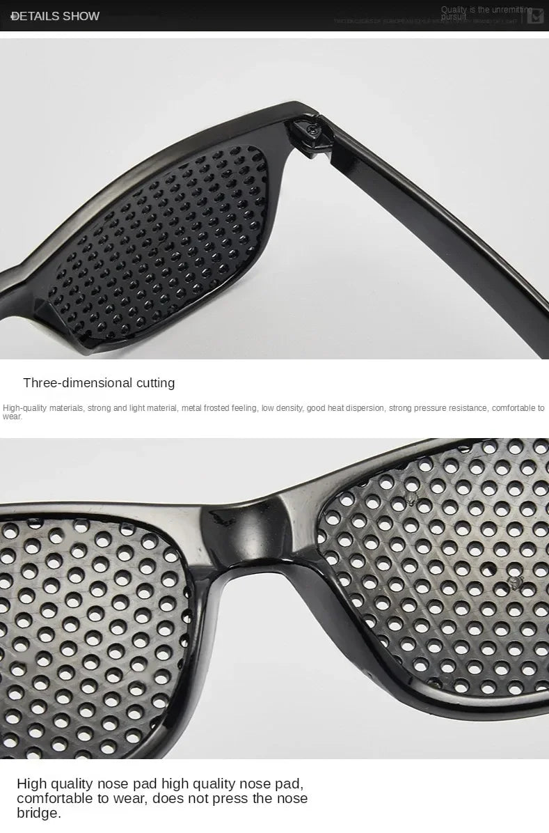 A pair of black vision correction pinhole glasses shown in close-up, demonstrating three-dimensional cutting and a perforated