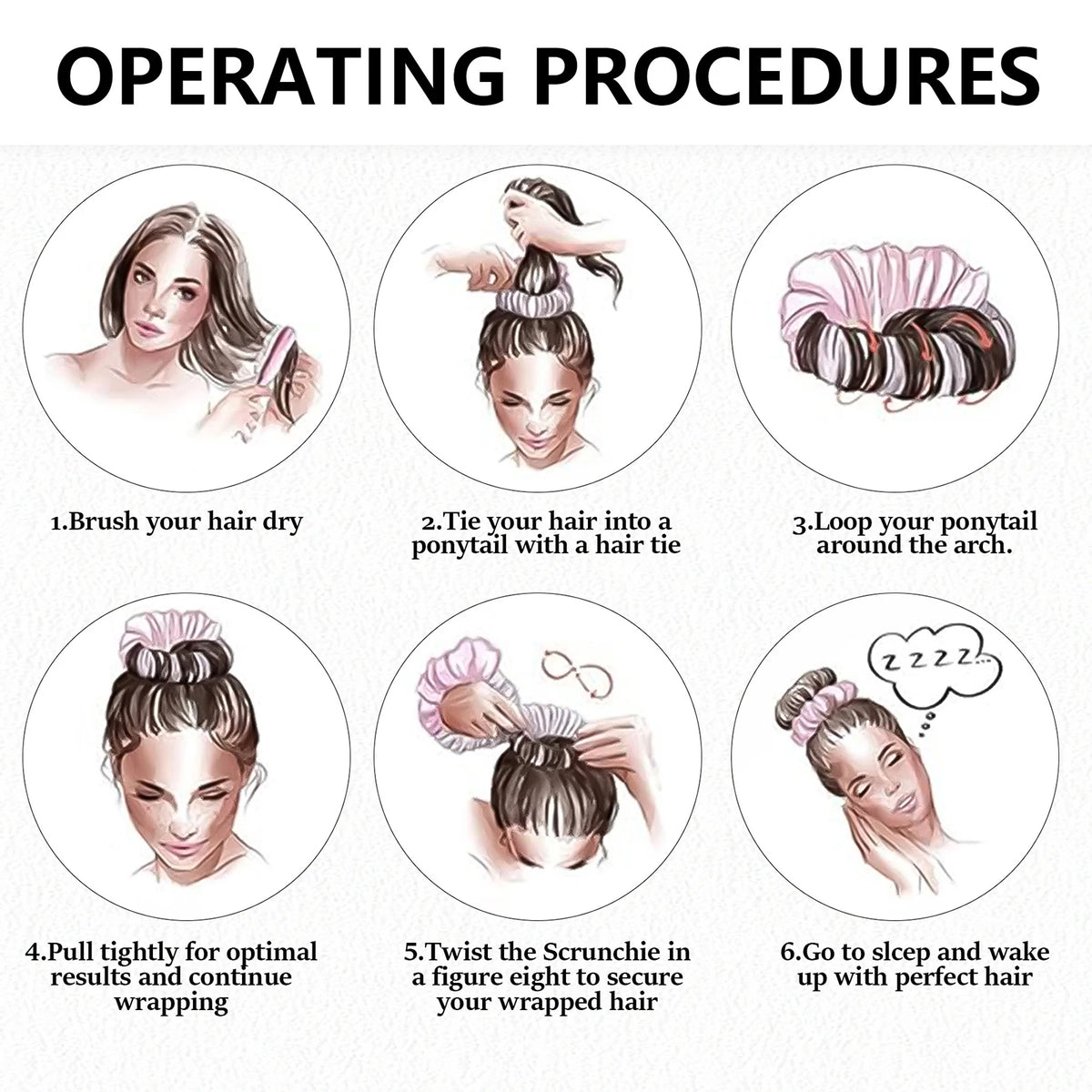Six steps for heatless hair curling using a scrunchie, including brushing, tying, looping, and wrapping.