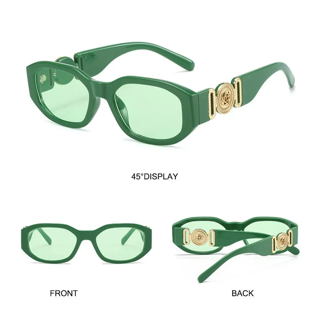 Green Y2K rose metal detail sunglasses shown from the front and back views