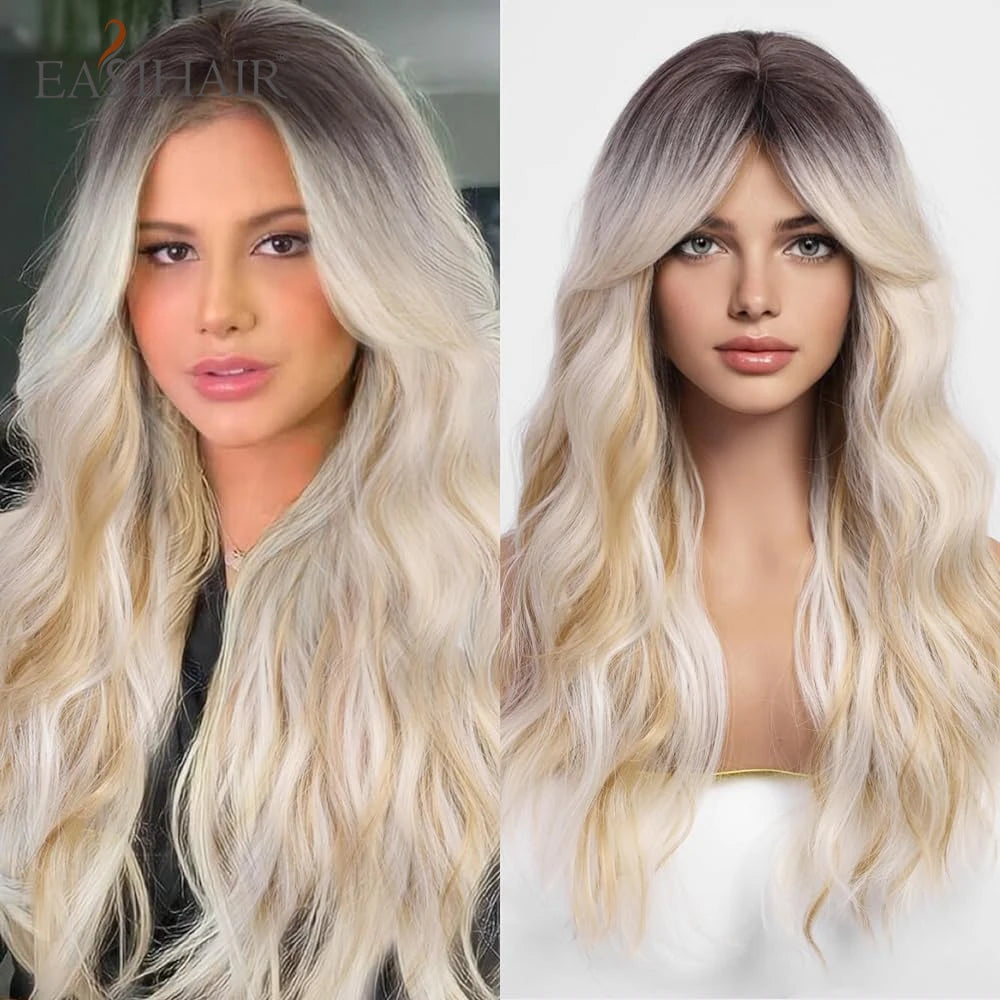 A model showcases a long, wavy sandy blonde golden cosplay wig with long bangs.