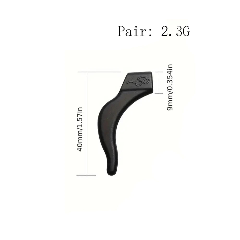 Black silicone anti-slip ear hooks for eyeglasses, shown in a profile view.
