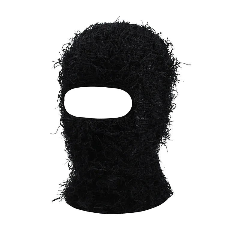 Bonnet balaclava en tricot camouflage noir délavé avec découpe pour le visage.