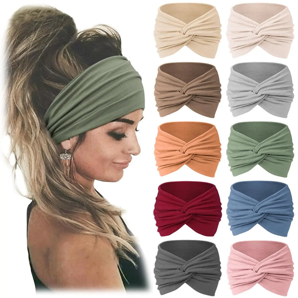 A model shows various shades of bohemian pattern headbands tied in a bow, demonstrating different colors and textures.