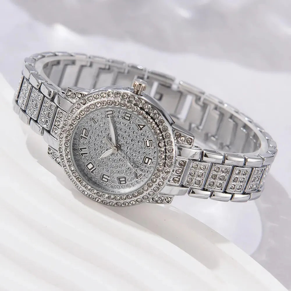 Silberes Quarzkristall-Armbanduhrset für Damen mit Metallarmband und Kristallfassung