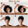 A four-step guide showing how to use a hair tie for curly hair, including unwinding, adjusting, and securing the hair.