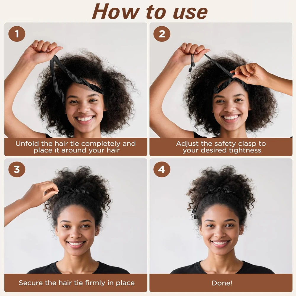 A four-step guide showing how to use a hair tie for curly hair, including unwinding, adjusting, and securing the hair.