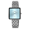 A silver-toned minimalist quartz wristwatch with a stainless steel bracelet and a light blue dial.
