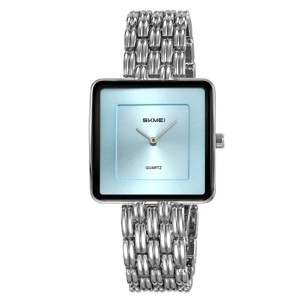 A silver-toned minimalist quartz wristwatch with a stainless steel bracelet and a light blue dial.
