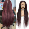 A dark burgundy 36 inch full lace box braids wig shown from the back and front.