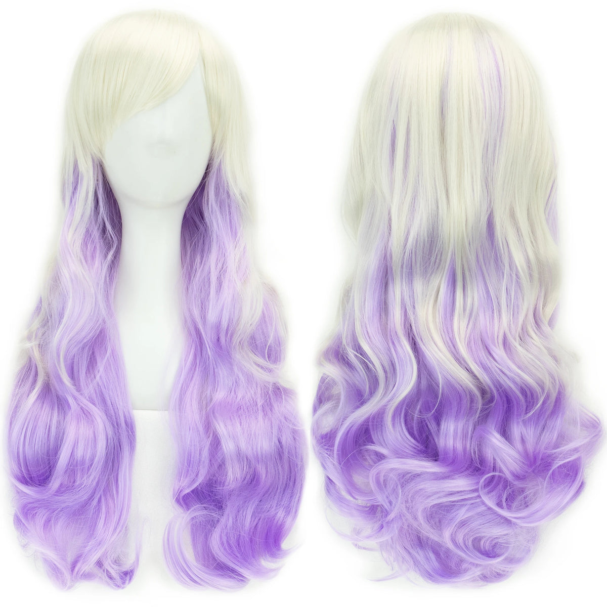 Long wavy synthetic hair wig featuring a purple and blonde ombre color transition.