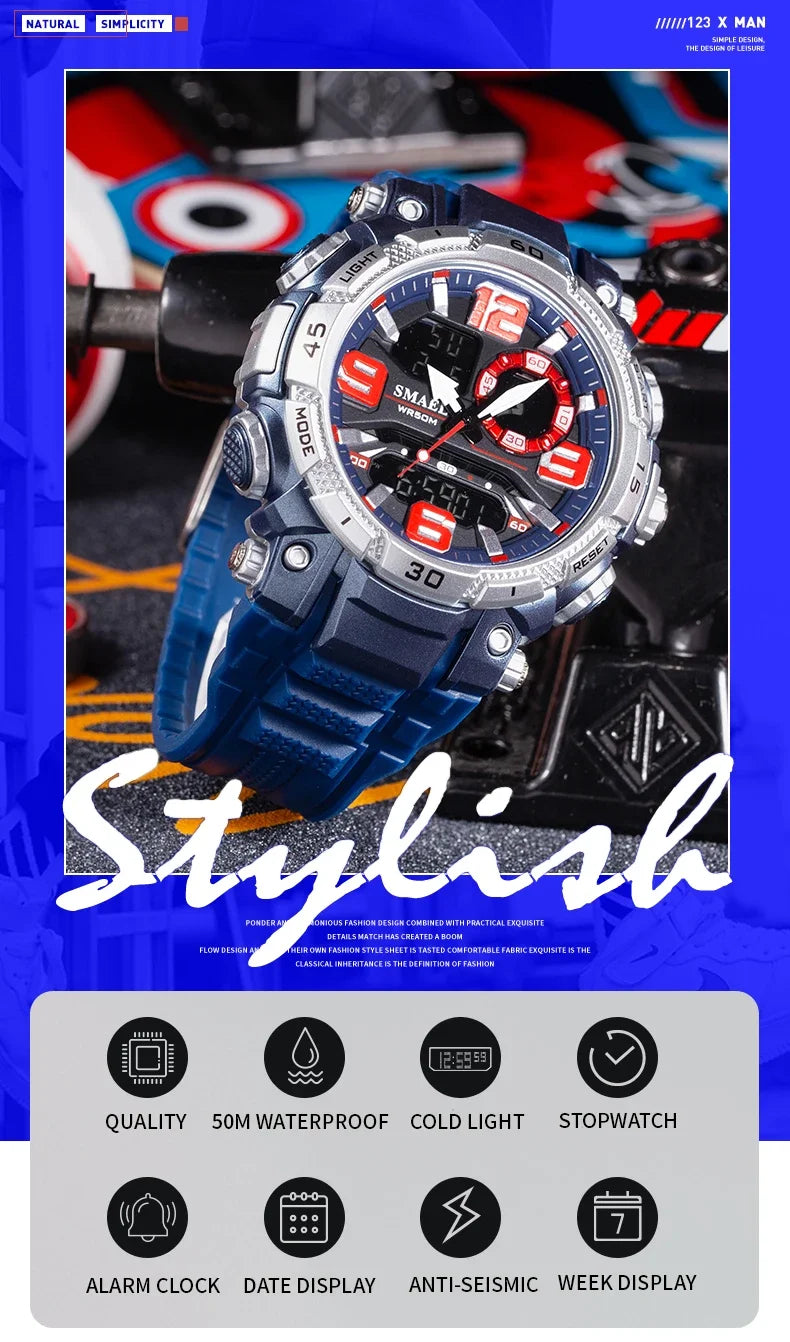 A close-up of a blue digital wristwatch with a metal band and a dark background.