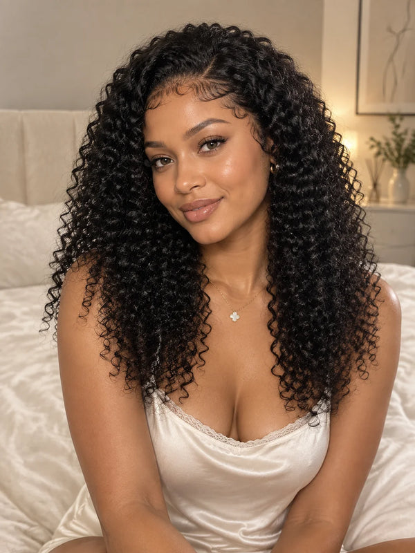 A woman with long, dark curly hair is smiling while wearing a sheer white lace top.