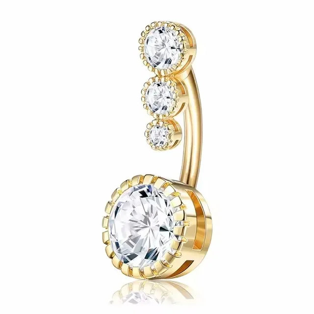 Gold-toned surgical stainless steel belly button ring featuring multiple clear round diamonds.