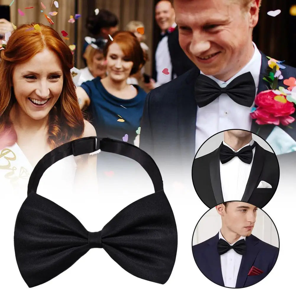 A classic black knit bow tie for men shown in various angles and on a model's neck.