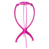 Soporte plegable portátil para pelucas rosa brillante con marco circular y brazos de soporte.
