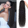 A woman models a 24-inch long curly wave drawstring ponytail hair extension.