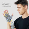 A man is demonstrating a pair of gray silicone gloves for hand and body sculpting, showing how they are quickly put on.