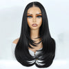 A model wearing a black layered straight synthetic lace front wig with striking orange-toned eyes.