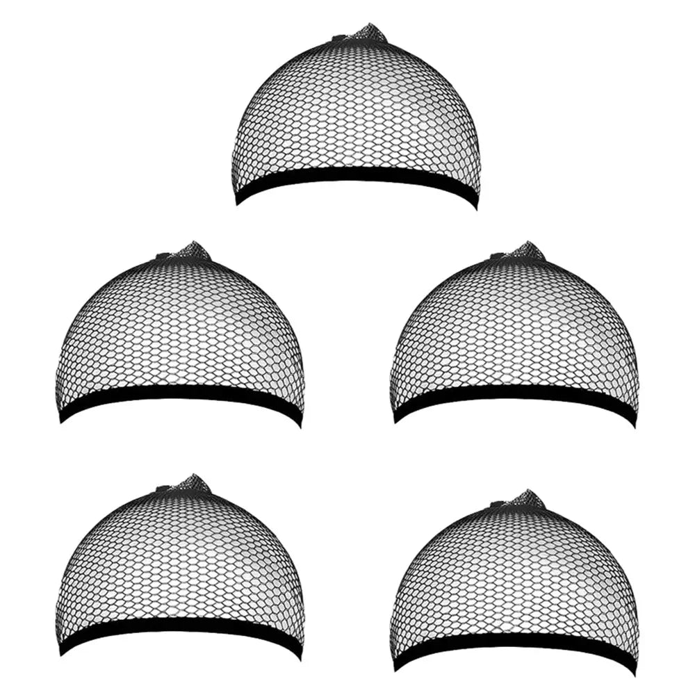 Four views of a black mesh wig cap liner showing the dome shape and black trim.