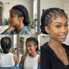 A woman shows off short cornrow braided wigs for black hair in various styles and colors.