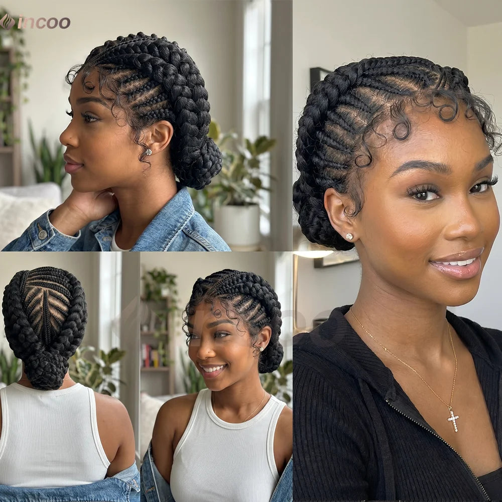 A woman shows off short cornrow braided wigs for black hair in various styles and colors.