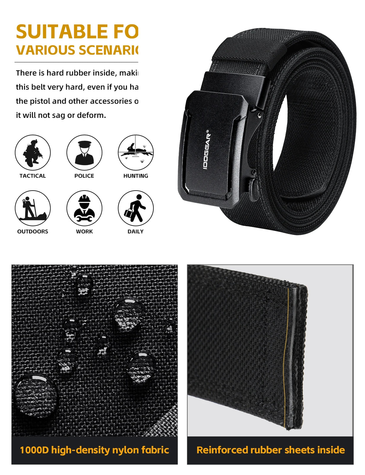 Black tactical nylon belt with a ratchet buckle and reinforced rubber sheets inside