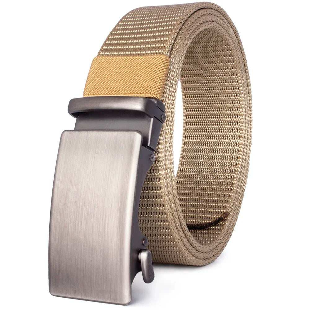 A close-up of a tan canvas utility belt with a brushed metal buckle.