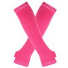 Pair of bright pink knitted fingerless gloves shown crossed