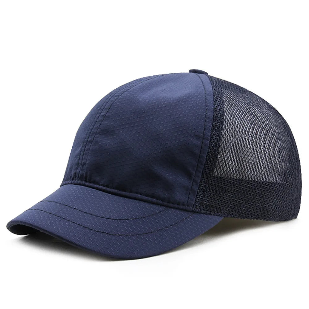 Navy blue mesh sun visor cap shown from the side.