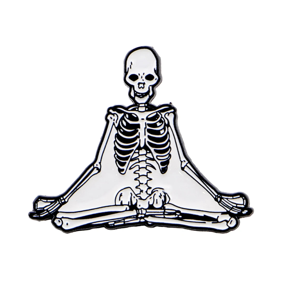 A set of enamel pins featuring a skeleton character design, including a skull and full skeletal structure.