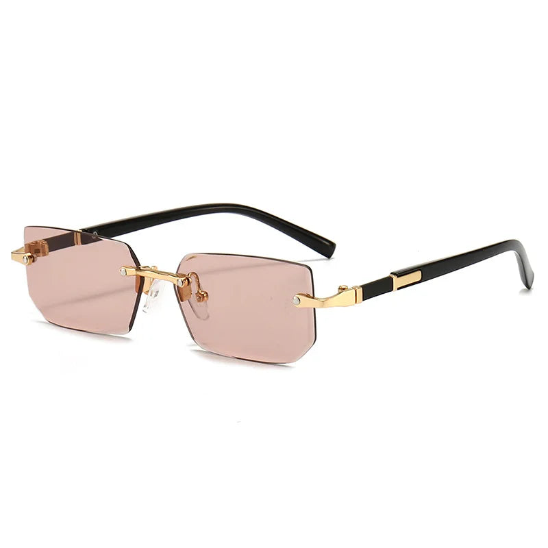 Rimless rectangle sunglasses with rose gold accents and black frames