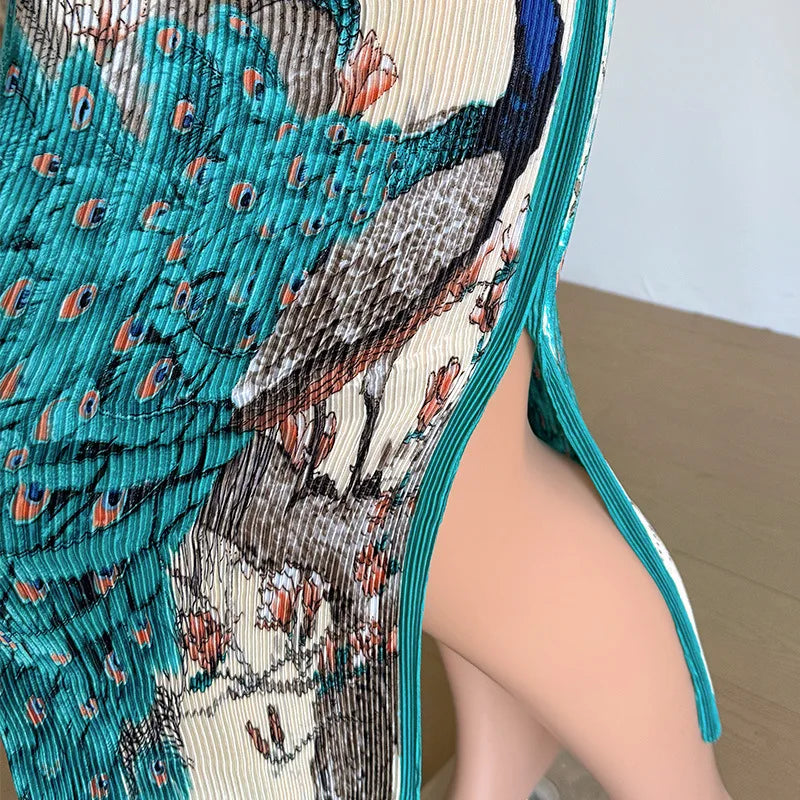 A close-up of a plus size African silk printed two-piece set featuring teal and brown patterns.