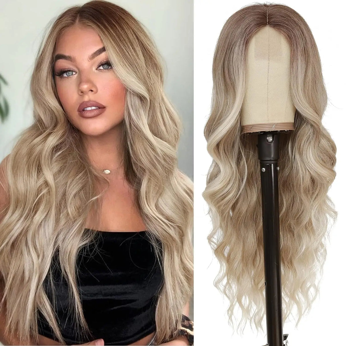Una modelo muestra una peluca sintética rubia y ondulada larga, estilizada para un look de cabello natural.