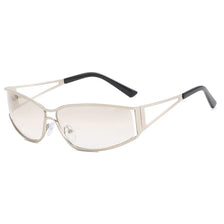 Pair of steampunk gradient mirror sunglasses with a light frame and dark temple