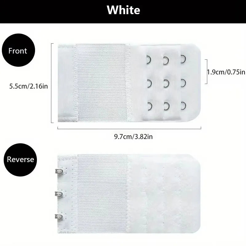 White adjustable bra extender straps shown from the front and reverse views.