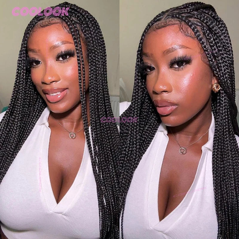 A close-up photo of a woman modeling a full lace box braid wig for black hair