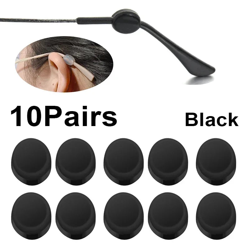 Ten pairs of black invisible silicone ear hooks designed for glasses
