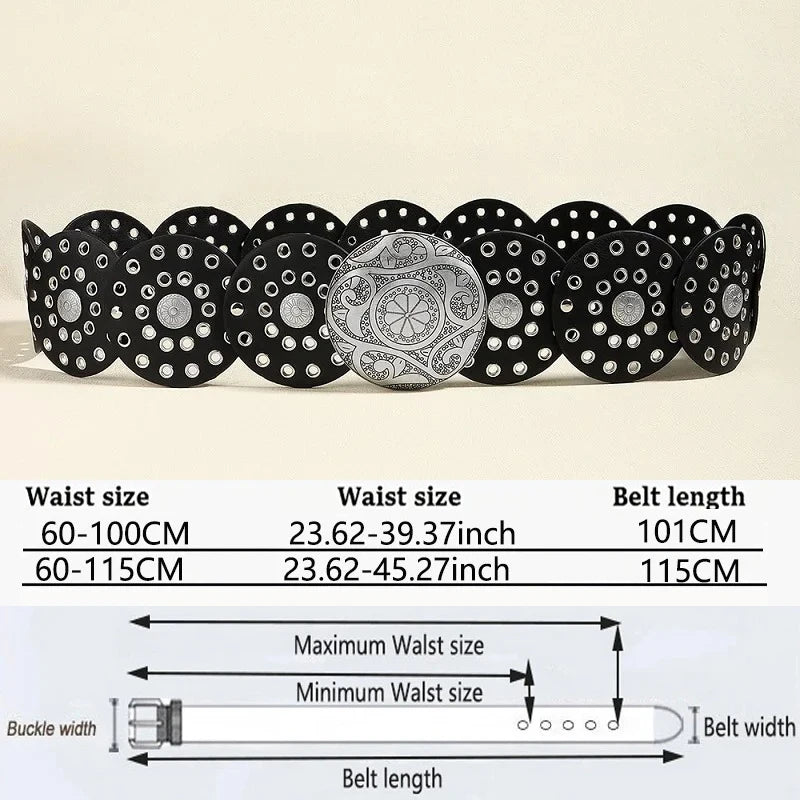 A set of vintage western denim belts in black and silver studs with various waist sizes and belt lengths.