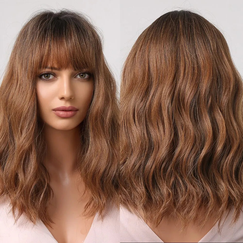 Close-up of a woman modeling a short wavy bob wig in a warm brown color