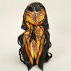 A black and gold satin silk scarf tied in a bow with intricate embroidery