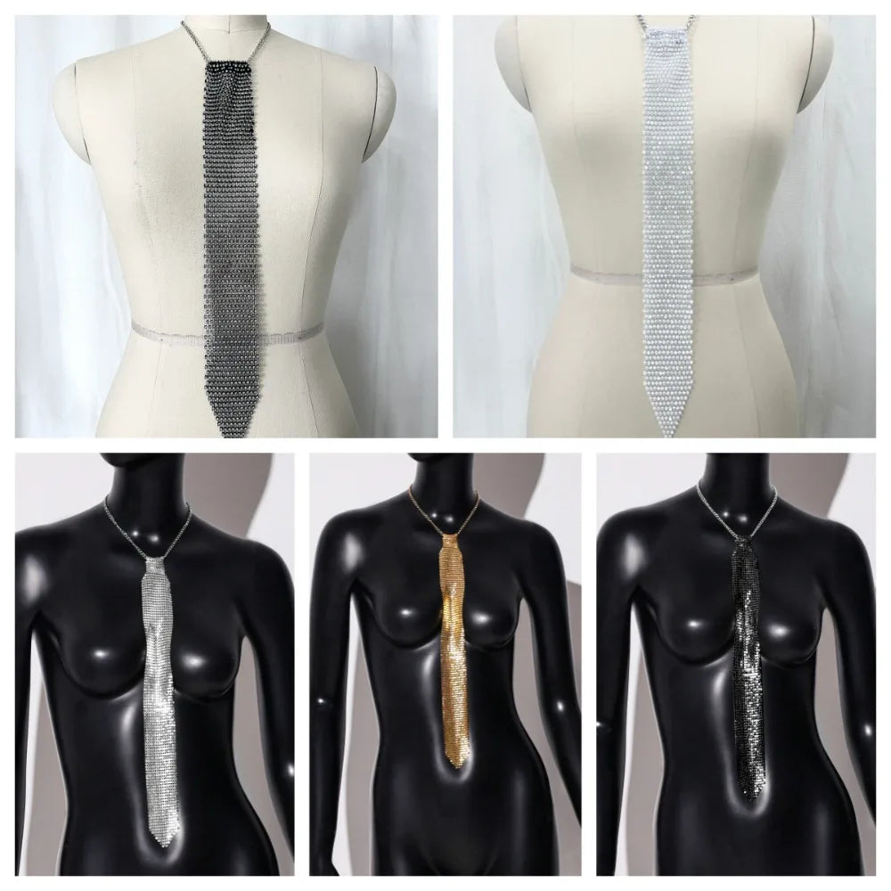 Three versions of a crystal rhinestone sequin neck tie necklace displayed on a mannequin.