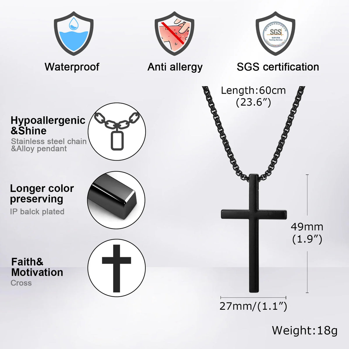 Collar cruz de acero inoxidable negro con colgante de cadena, con propiedades anti-alergia y a prueba de agua.