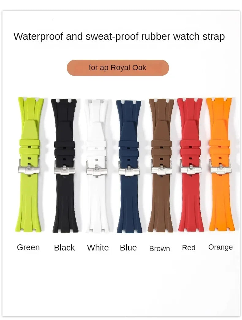 A variety of waterproof and sweat-proof rubber watch straps in green, black, white, blue, brown, red, and orange colors for a