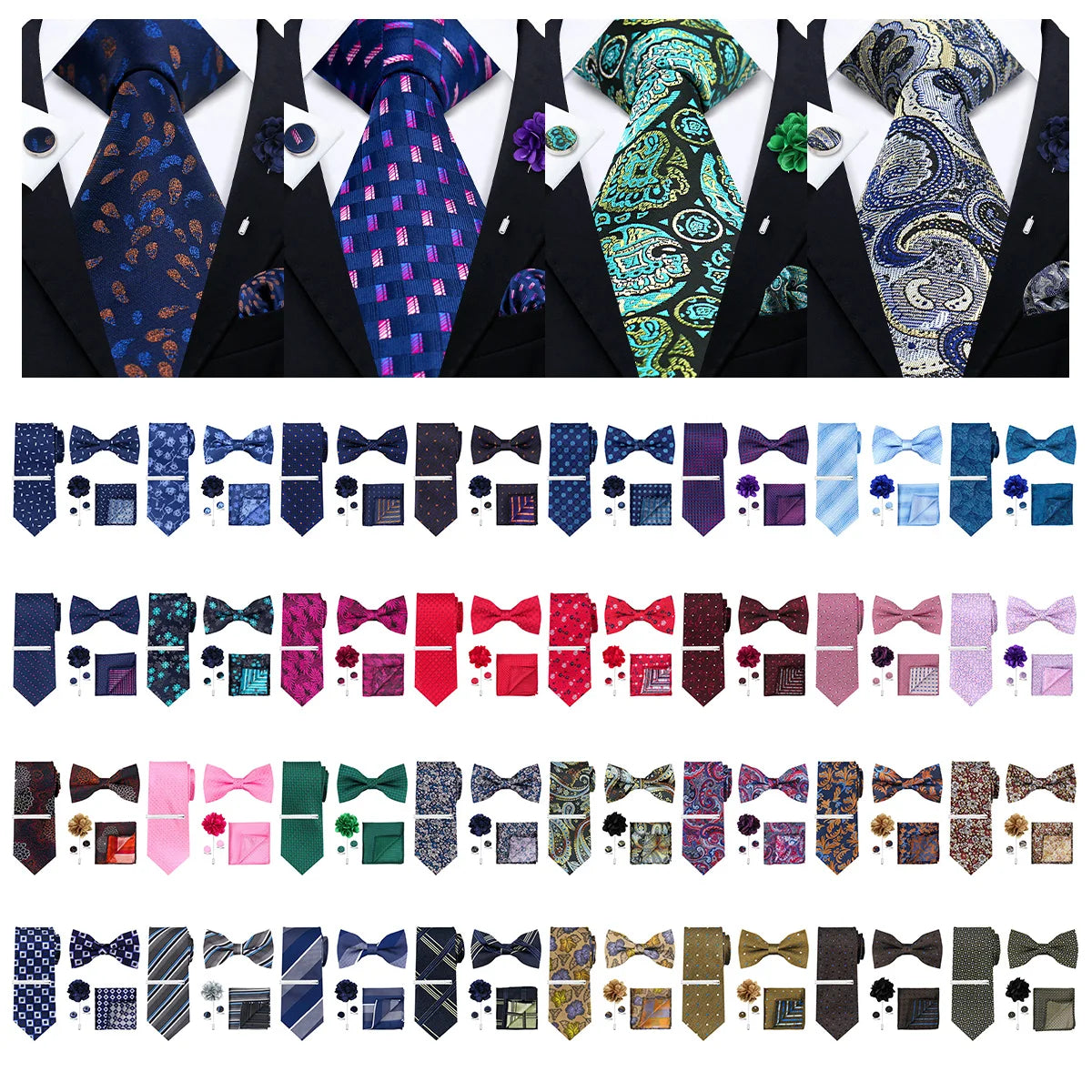 A collection of six men's formal ties and accessories featuring various patterns, colors, and textures.